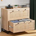 VINGLI Wood Rattan 2 Drawer Lateral File Cabinet with Lock for Home Office, Lockable Filing Cabinet with Rustic Metal Handles for Hanging Letter/A4/Legal Size Labeled Folders, Oak, 30W x 16D x 28H