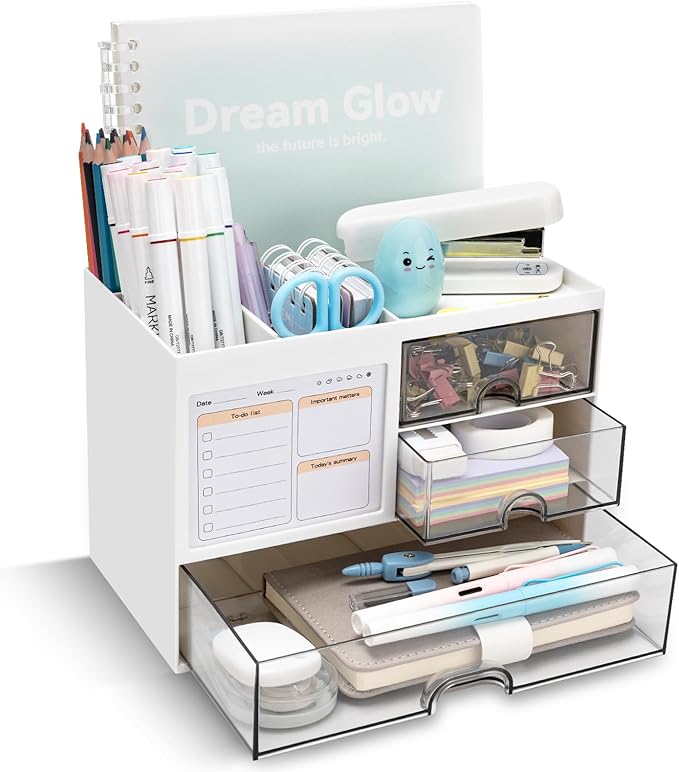 QIYVLOS Desk Organizer with 3 Drawer, Multi-Functional Pencil Pen Holder for Desk, Desk Organizers and Storage with 8 Compartments, Desktop Organizer for Office Home Art Supplies (White)