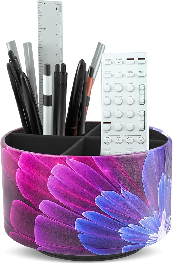 lizimandu Round Leather Art Supply Organizer,Remote Control Holder,360 Degree Spinning,Multi-Functional Pencil Holder,4 Compartments Desktop Stationary Organizer(1-Blue Fractal Flower)