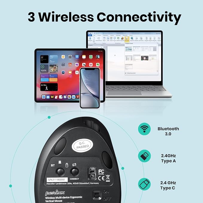 Perixx PERIMICE-819B Bluetooth Portable Vertical Mouse - Wireless 3-in-1 Multi-Device Spec - Silent-Click - Portable Compact Size - Black - Right Handed