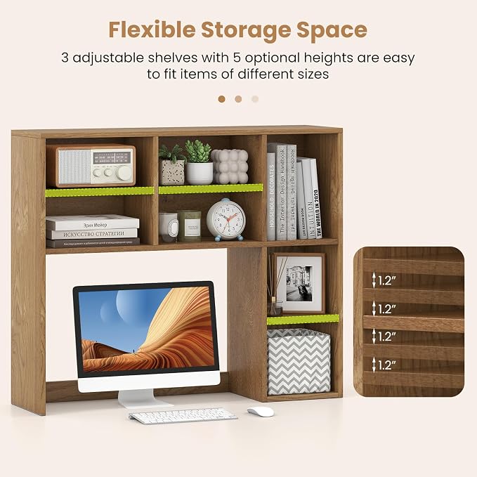 LDAILY Desktop Bookshelf, 37’’ Wood Desk Shelf with 7 Cubes & 3 Adjustable Shelves, 3-Tier Desk Display Rack, Desk Hutch for Dorm College Office Computer Monitor Up to 27’’ (Natural, 7 Shelves)
