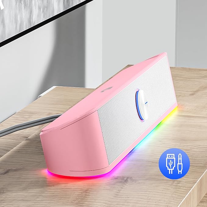 Redragon GS560 RGB Desktop Soundbar, 2.0 Channel Computer Speaker with Dynamic Lighting Bar Audio-Light Sync/Display, Touch-Control Backlit with Volume Knob, USB Powered w/ 3.5mm Cable, Pink