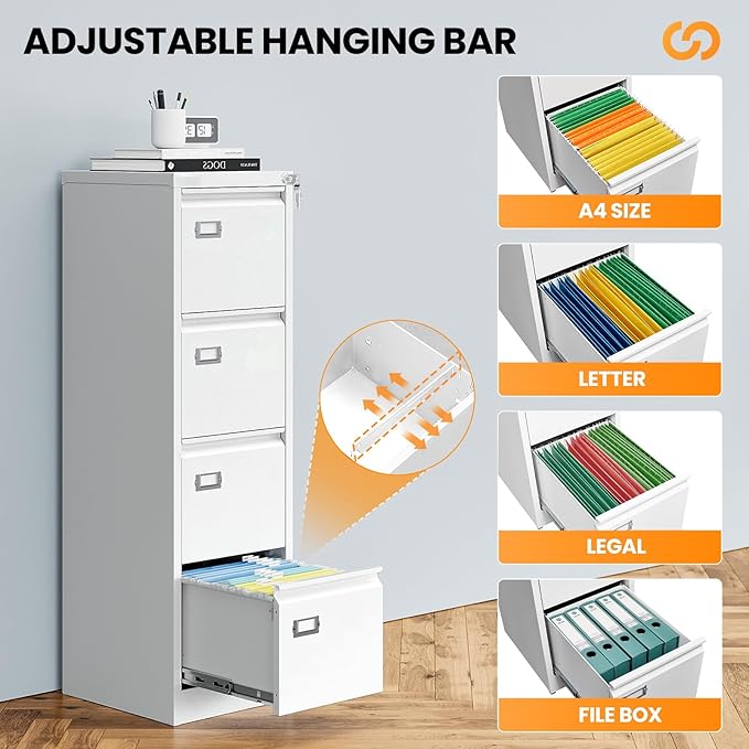 4 Drawer File Cabinet with Lock, Metal Filing Cabinets for Home Office, Vertical Black Locking File Caninet, Steel Narrow Four Drawer File Cabnet for Letter/Legal / A4 / B4- Assembly Required