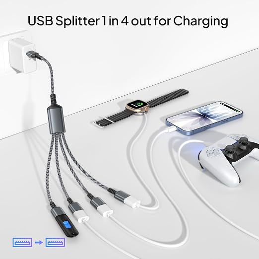 Elebase USB Splitter Y Cable 3.3FT,USB Charger Splitter 1 in 4 Out,Multi Port USBA Extension Split,Multiport 2/3/4 Out Data Charging Split Adapter for PC,TV,MacBook,Laptop