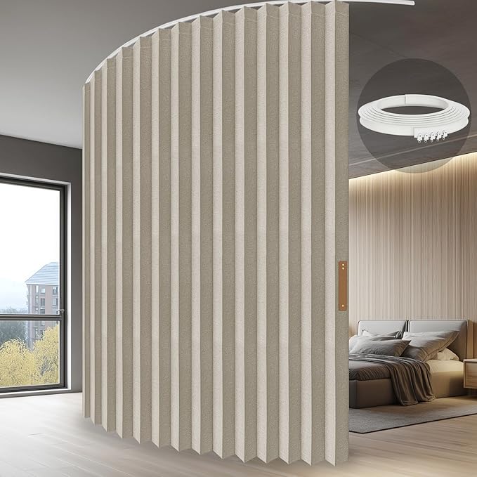 JILRON Accordion Partition Curtain with Ceiling Track - Space-Saving Room Divider, Tool-Free Installation(Off-White 100" W x 96" L-Pack of 1)