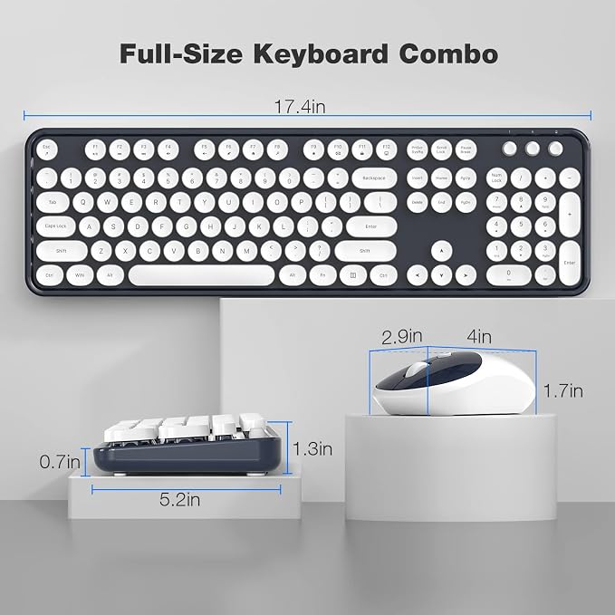 MOFII Wireless Keyboard and Mouse Combo, Computer Full Size 2.4G Plug and Play Wireless Typewriter Retro Round Keyboard and Mouse Set for Windows, Computer, Desktop, PC, Notebook - (Dark Blue)