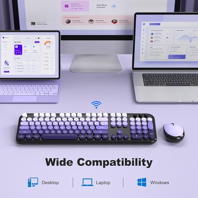 MOFII Wireless Keyboard and Mouse Combo, Full Size 2.4G Retro Round Computer Keyboard and Mouse Set, Plug and Play, for Windows, Computer, Desktop, PC, Notebook - (Black Purple Gradient)