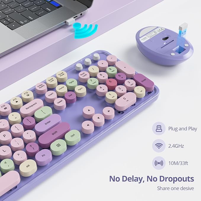 GTSP Typewriter Colorful Purple Keyboard and Mouse Wireless, 2.4GHz Full-Size Retro Cute Office Computer Keyboard with Round Keycaps for Desktop Laptop and PC (Colorful Purple)