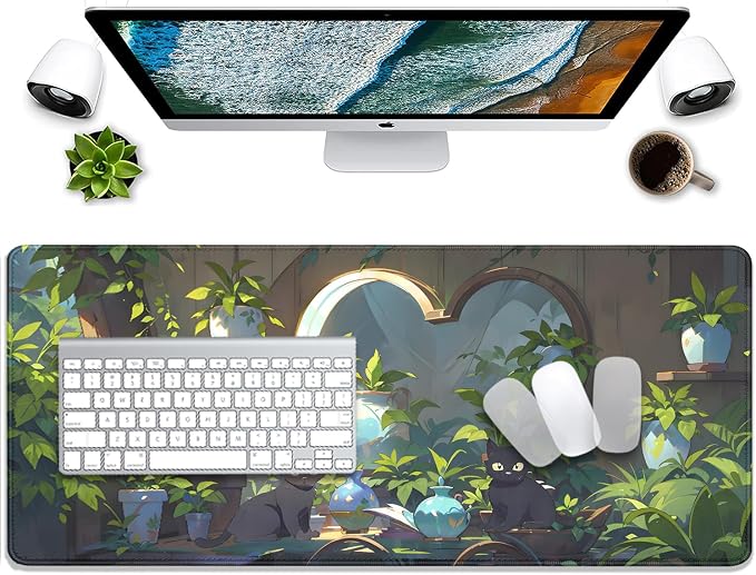 Lofi Cat Mouse Pad Green Plant Desk Pad,Black Cat Extended Gaming Mouse Mat with Stitched Edges Non-Slip Waterproof Rubber Base Mous Mat for Office,Computer,Keyboard,Laptop,Home Desk Pad(27.5X11.8 in)