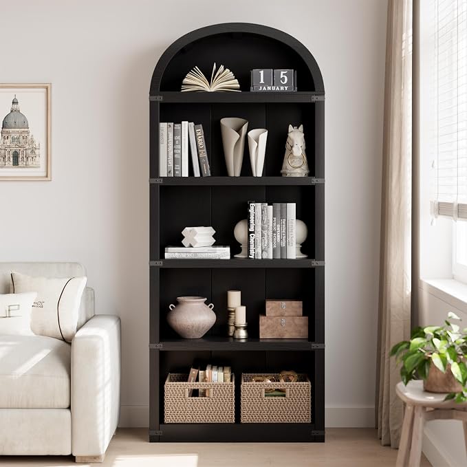 GarveeHome Bookcase 5 Shelf Arched Bookshelf 71.65 in Tall Bookcase Farmhouse Display Storage Rack Wooden Bookshelves for Home Office, Living Room