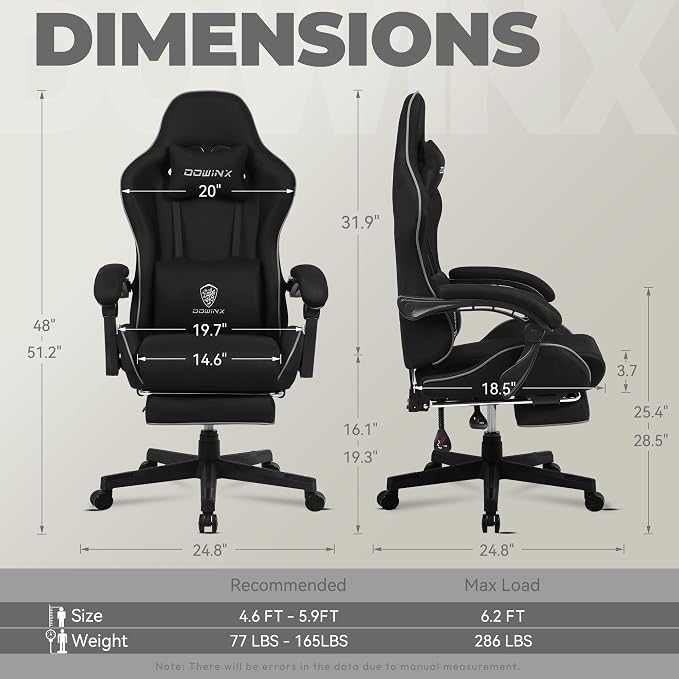 Dowinx Gaming Chair Fabric with Pocket Spring Cushion, Massage Game Chair Cloth with Headrest, Ergonomic Computer Chair with Footrest 290LBS, Black