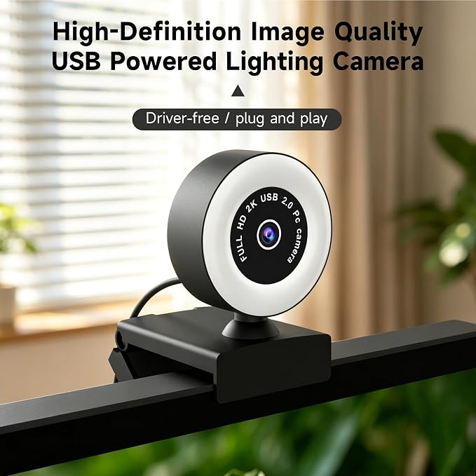 USB HD 4K Video Webcam，with Ring Ligh and Microphoneand Rotatable Tripod& Privacy Cover for PC，, Fast AutoFocus，with Auto White Balance for Video Calls, Live Streaming Gaming & Online Meetings