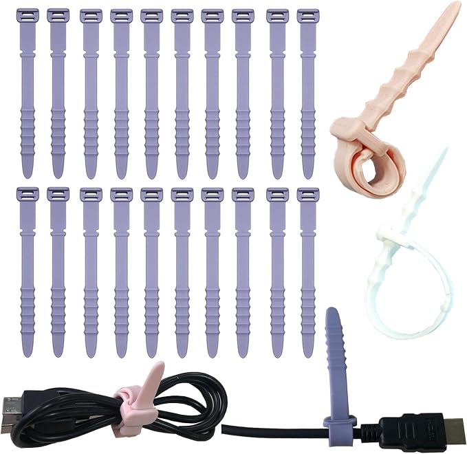 Reusable Silicone Zip Ties Cord Organizer: Silicone Cable Ties Straps for Cable Management - 20PCs 4.5” Purple Elastic Wire Cord Organizer for Home Office and Travel