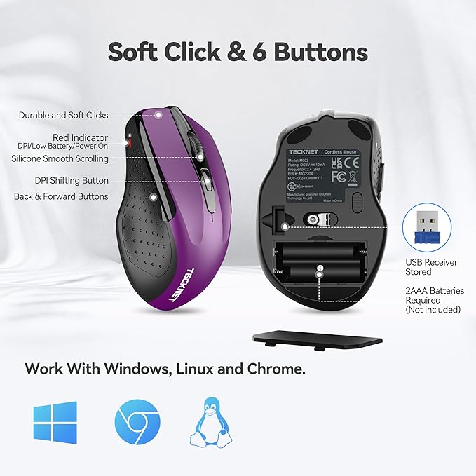 TECKNET Wireless Mouse, 2.4G Ergonomic Optical Mouse, Computer Mouse for Laptop, PC, Computer, Chromebook, Notebook, 6 Buttons, 24 Months Battery Life, 2600 DPI, 5 Adjustment Levels - Purple