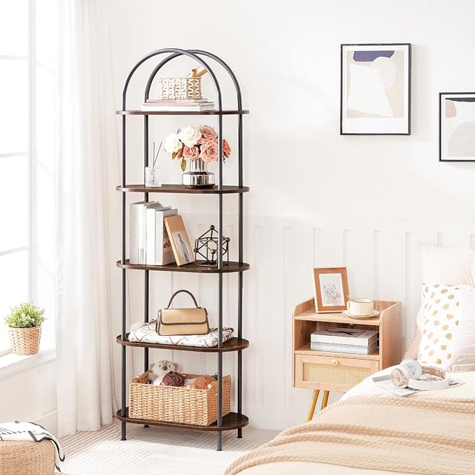 HOOBRO 5 Tier Open Bookshelf, Industrial Arched Bookcase Display Shelf Rack, Wooden Bookcase Storage Shelf Metal Frame, Tall Storage Organizer for Home, Easy Assembly, Rustic Brown BF176SJ01