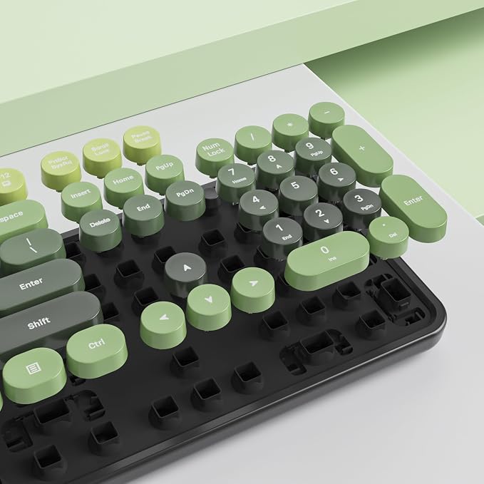 Guffercty kred Dark Green Keyboard and Mouse Wireless, Retro Typewriter Cute Colorful Wireless Keyboard Full-Size 2.4GHz with Round Keycaps for Desktop Laptop and PC(Black Green)