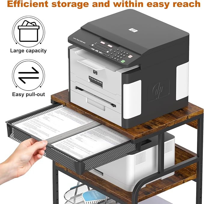 EasyCom 23.6''x18.9'' Extra Large Printer Stand with Drawer, 5-Adjustable Heights 3 Tier Table with Wheels, Rolling Printer Cart with Storage for Printer Scanner Fax Home Office Use