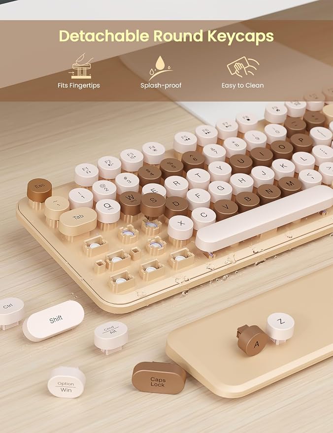 Wireless Keyboard and Mouse Combo - Cute Typewriter Keyboard with Detachable Wrist Rest, Retro Round Keycaps, Foldable Legs, 2.4GHz Full-Size Keyboard for PC, Laptop, Mac, Windows - Trueque (Latte)