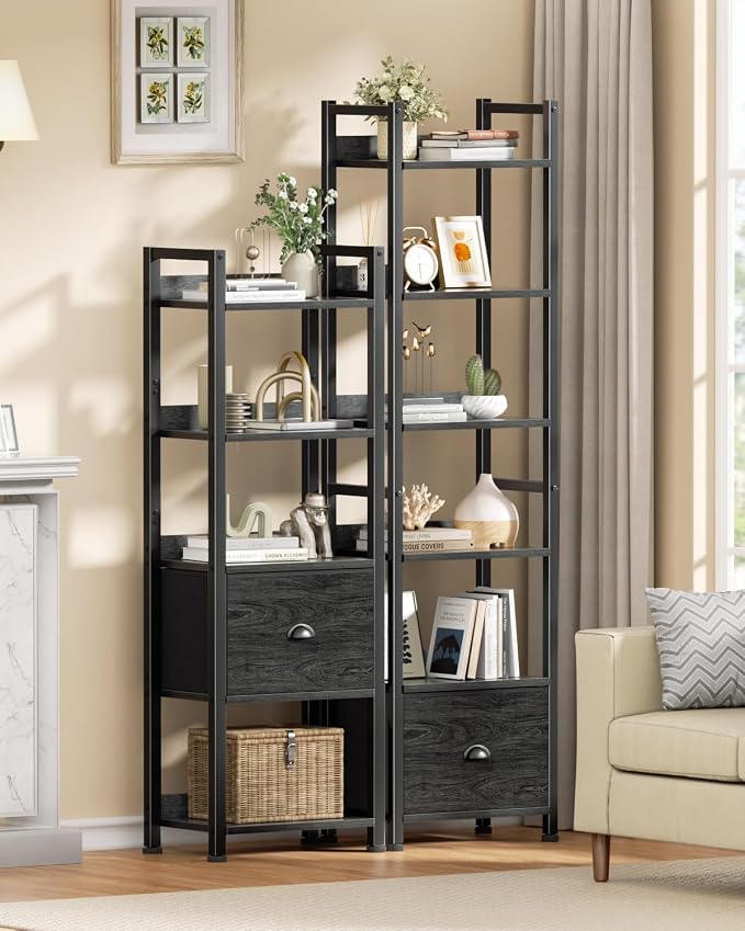 Furologee 6 Tier Bookshelf, Tall Shelf with Drawer, Wood and Metal Bookshelves Storage Organizer, Industrial Display Shelving Unit for Bedroom, Living Room, Home Office, Black Oak