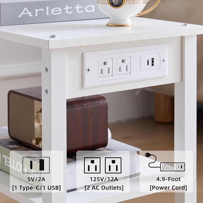 Lerliuo Under Desk Printer Stand with Charging Station, 2 Tier Wooden Small Printer Table with Storage, Rolling Printer Cart Shelf with Lockable Wheels for Home, Office (White)