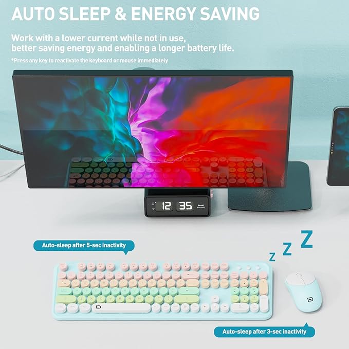 Wireless Keyboards Mouse Combos, Colorful Cute Typewriter Full-Size Retro Round Keycaps, 2.4GHz Cordless Sleep Mode Office Quiet Wireless Keyboard and Mouse Set for Desktop Laptop PC Computer