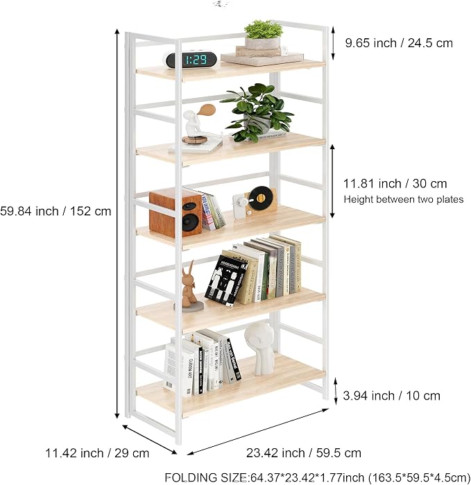 BHG Vintage Multifunctional Folding Bookshelf, No-Assembly Plant Stand Storage Rack Shelves for Home Office (White, 5-Tier)