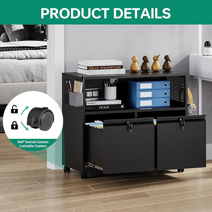Letaya Mobile 2 Drawer File Cabinet with Lock, Metal Lateral Printer Stand Filing Storage Cabinets with Shelves for Home Office-A4/F4/Letter (Black)