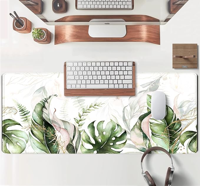 Green Tropical Leaves Desk Mat XL Large Gaming Mouse Pad Green Sage Plant Laptop Keyboard Mouse Mat Office Supplies Desk Decor Accessories for Women, Desk Mats Pads on top of Desks, 31.5x11.8 in