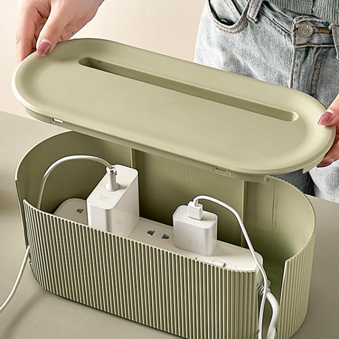 Cable Management Box,Desk Cord Organizer with Groove Cover,Plastic Cord Hider Box,Large Cable Box Organizer,Power Socket Management for TV/Computer/Router/Games Console Cable Storage (Green)