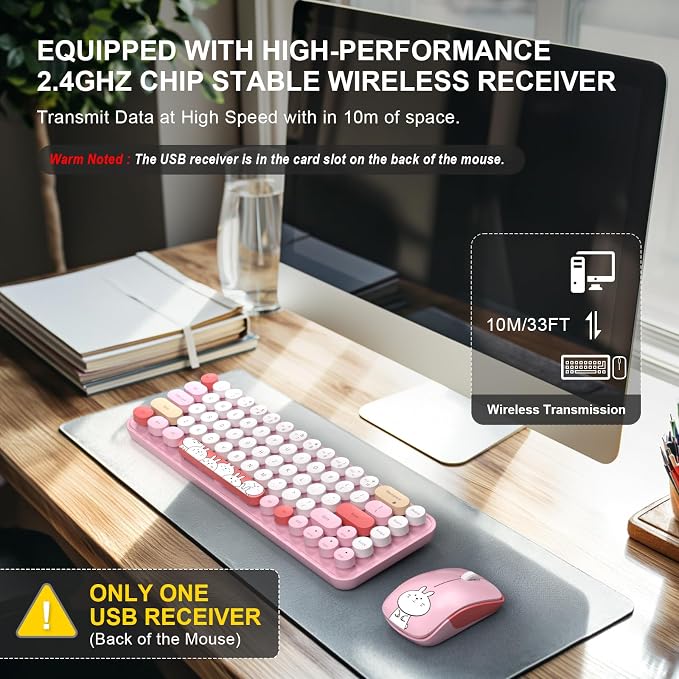 FOPETT Wireless Keyboard and Mouse Cute Mouse and Keyboard 2.4G Wireless Keyboards with Colorful 68 Keys Typewriter Retro Round Keycap for PC, Laptop,Tablet,Computer Windows - Pink Colorful