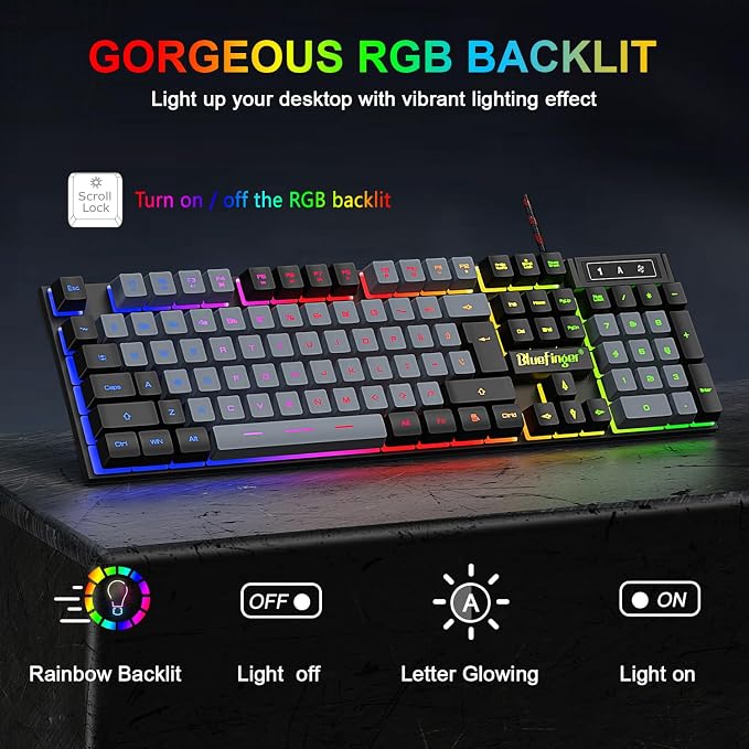 BlueFinger RGB Gaming Keyboard and Backlit Mouse Combo, USB Wired, LED Gaming Set for Laptop PC Computer Game and Work(Black & Gray)
