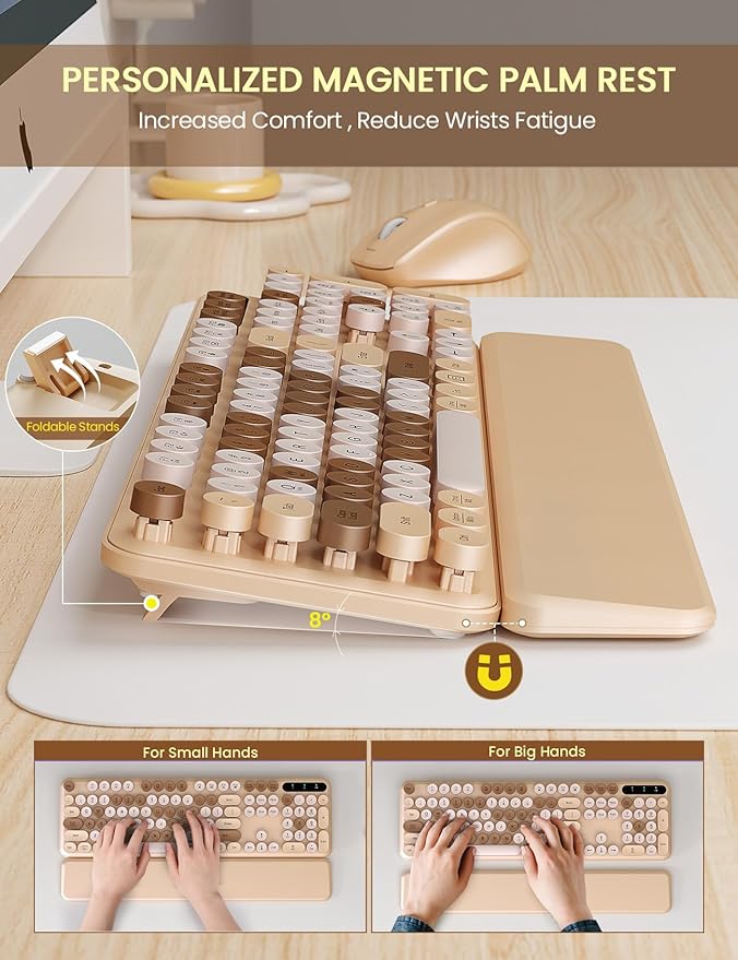 Wireless Keyboard and Mouse Combo - Cute Typewriter Keyboard with Detachable Wrist Rest, Retro Round Keycaps, Foldable Legs, 2.4GHz Full-Size Keyboard for PC, Laptop, Mac, Windows - Trueque (Latte)