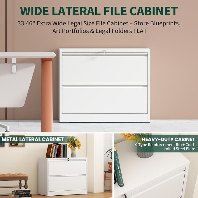 Lateral File Cabinet with Lock, Metal File Cabinets for Home Office Legal/Letter A4 Size, File Cabinet with 2 Drawer Storage Cabinet, Require Assembly, White