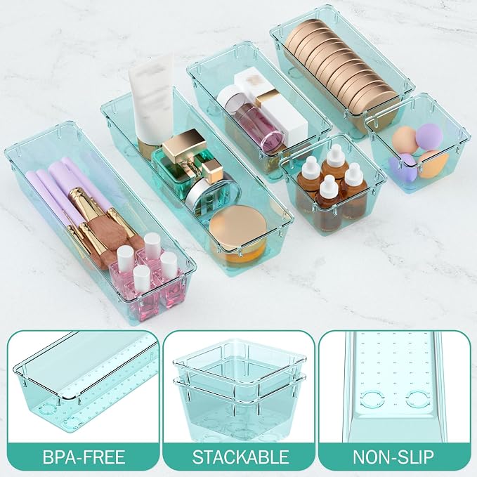 WOWBOX 9 Pack Clear Drawer Organizer Set, Acrylic Drawer Storage Trays, Storage Bins for Makeup, Cosmetics, Jewelries, Utensils, Gadgets, Office, Sea Blue
