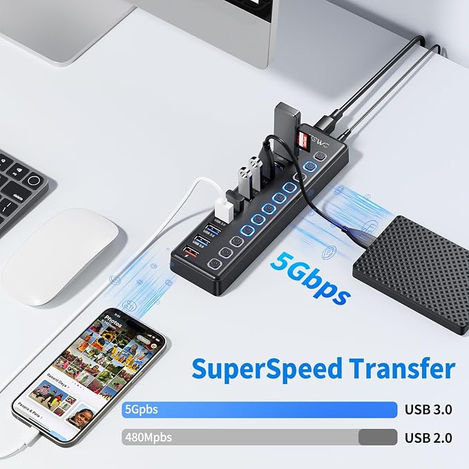 Powered USB Hub, JESWO 11 Port USB 3.0 Hub, 10 USB 3.0 Data Transfer Ports + 1 Smart Charging Port, USB Hub Powered with Individual LED On/Off Switches and 12V/3A Power Adapter