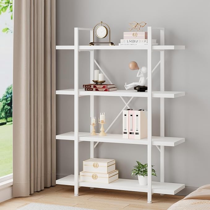 HSH 4 Tier White Bookshelf, Modern 4 Shelf Etagere Bookcase, Industrial Wood and Metal Storage Shelves and Display Book Rack, Farmhouse Open Wide Book Shelf for Bedroom Living Room Office, White Oak