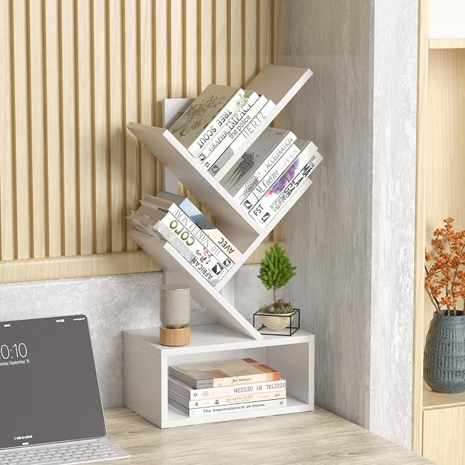 SHEEPAM Small Tree Book Shelf,5 Tier Black Tree Bookshelf,White Desktop Bookcase,Modern Desk Display Storage Bookshelves,Floor Standing Organizer Bookcases for Living Room,Bedroom,Office