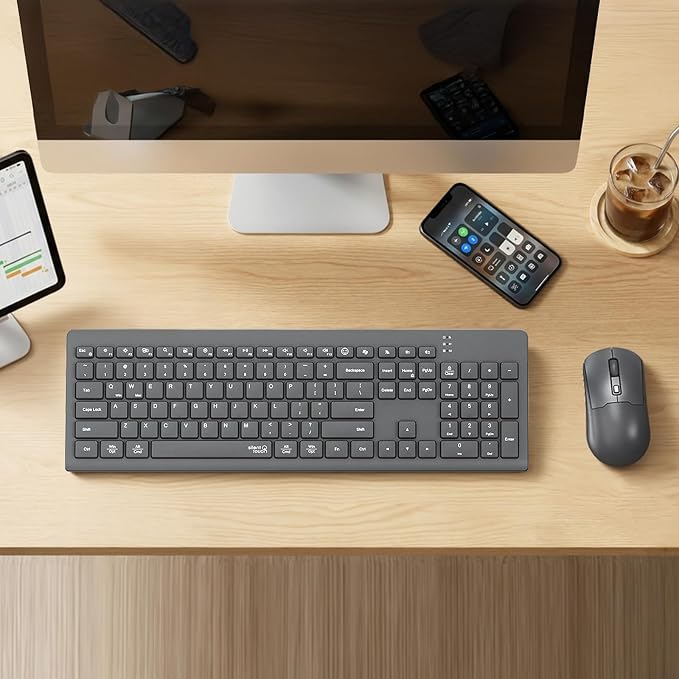 MEETION Wireless Keyboard and Mouse, Silent Bluetooth Keyboard Mouse Set, 2.4G/Bluetooth Full-Sized Computer Keyboard, Gray