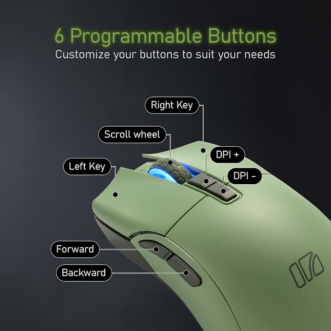 iRocks M31R Wireless Gaming Mouse, Triple Mode 2.4G/ Bluetooth/USB-C Detachable Cable Gaming Mouse, Kailh GM8.0 Mouse Switches, Advanced PixArt PAW3395 Optical Sensor, Up to 26,000 DPI - Olive Green