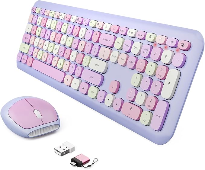 Wireless Keyboard and Mouse Combo, Colorful Ergonomic Full Size Retro Low-Noise Keyboard with Cute keycaps, Compatible with Windows, PC, Perfer for Home and Office Keyboards (Purple)