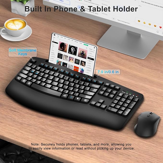 Wireless Keyboard and Mouse Combo, 2.4G Full Size Wave Keys Ergonomic Keyboard with Wrist Rest, Phone Holder, 3-Level DPI Wireless Silent Mouse with 6-Buttons, for Windows, Mac OS, Laptop, PC (Black)