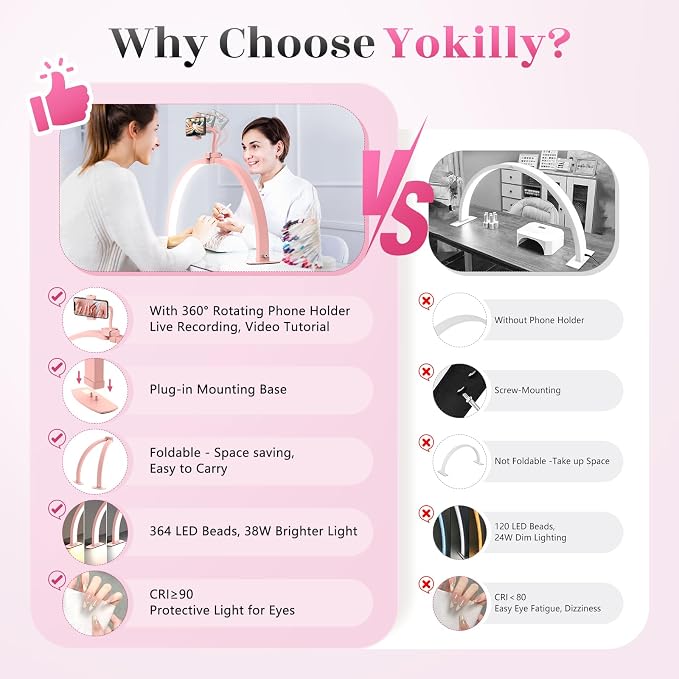 Yokilly Half Moon Light for Nail Desk: 29" Foldable Half Moon Nail Desk Lamp with Phone Holder for Beginner - Arch Tech Light with 3 Color Modes & 10 Brightness for Manicure Salon (Pink)