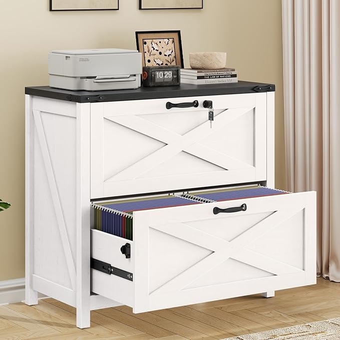 Lateral File Cabinet with 2 Large Drawers, Farmhouse File Cabinet with Lock for Letter/Legal/A4 Size Hanging Files, Wood File Storage Cabinets Printer Stand for Home Office Cabinets, White and Black