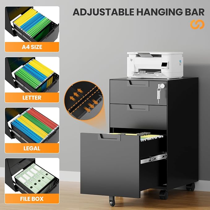 3 Drawer File Cabinet with Lock, Fully Assembled Metal Mobile Filing Cabinets for Home Office, Small Rolling File Caninet on Wheels for Legal/Letter / A4 File, Black