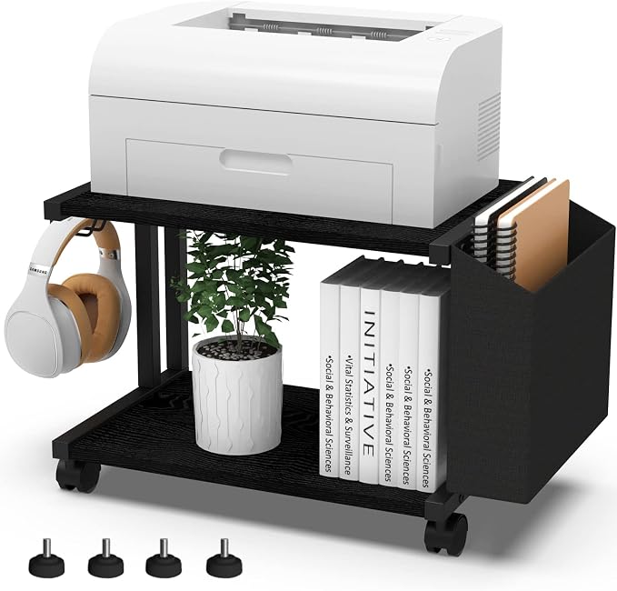 VEDECASA 2 Tier Black Printer Stand with Storage Bag for Home Office Desktop Printer Table Underdesk Organizer Mobile Printer Shelf with Caster Wheel (Black)