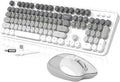 Creamy Wireless Keyboard and Mouse, MOFII 104 Round Keycaps Retro Typewriter with OTG & Brush, Full-Size Ergonomic, Ideal for Windows PC, Home, Office and College Gray White