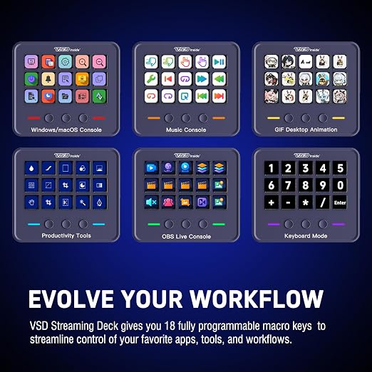 VSDINSIDE Macro Keypad, Stream Controller Deck Gaming Streaming Shortcut Keyboard, 18 Programmable Keys Customizable Visual AI Pad USB Soundboard for OBS, YouTube, Desk Office Setup, Laptop, PC, Mac