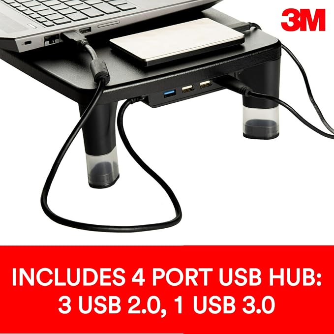 3M Adjustable Monitor Stand with 4-Port USB Hub, Black, Great for Computer Monitors, Laptops, TVs, Speakers, Printers and More