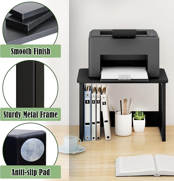 MARTY Printer Stand with Storage for Desk, Desktop Printer Stand Shelf Organzier for Home/Office Heavy Duty Printer Riser Under Desk Small Printer Table for Fax Machine Copier Scanner(Black)