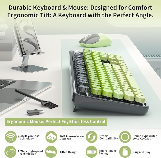 Wireless Keyboard and Mouse, MOFII 104 Round Keycaps Retro Typewriter with OTG & Brush, Full-Size Ergonomic, Ideal for Windows PC, Home, Office and College Gray Green